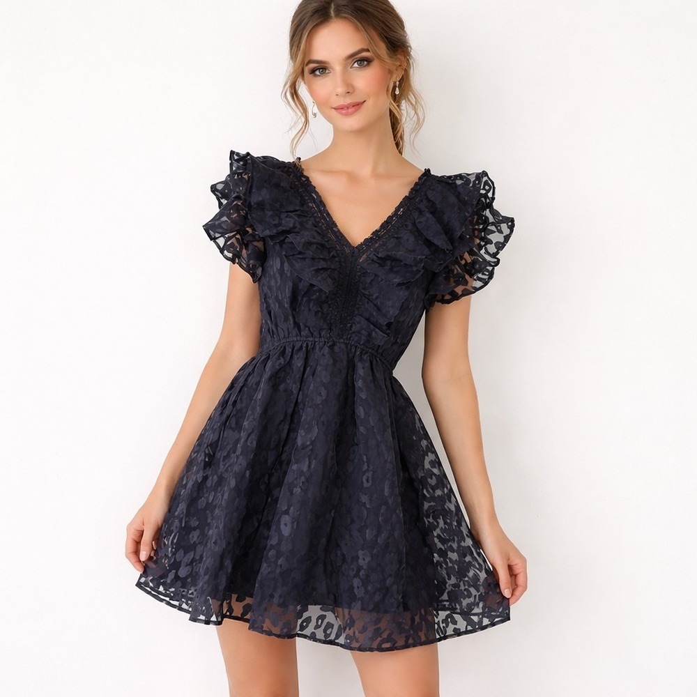 ENTRO Size Large Black Ruffled Flutter Sleeve Sheer Leopard Overlay Mini Dress